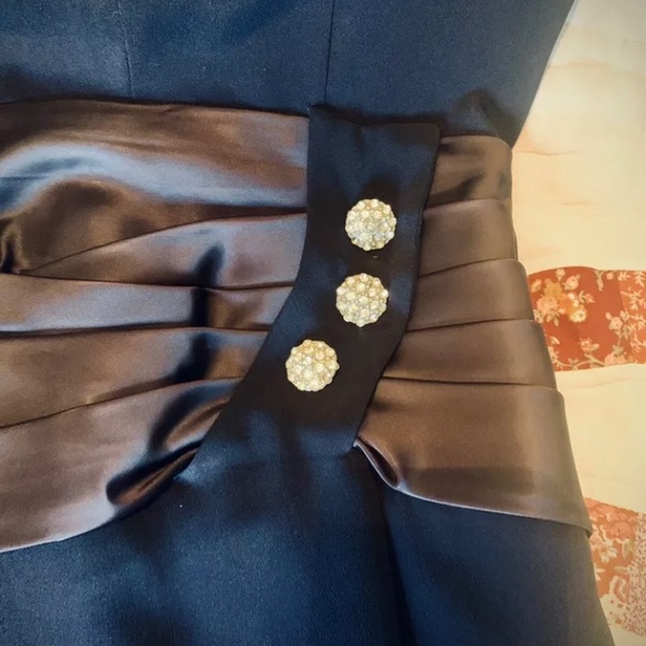 1950s Blue Crape Dress with Satin/rhinestone, Sz M - Picture 8 of 13